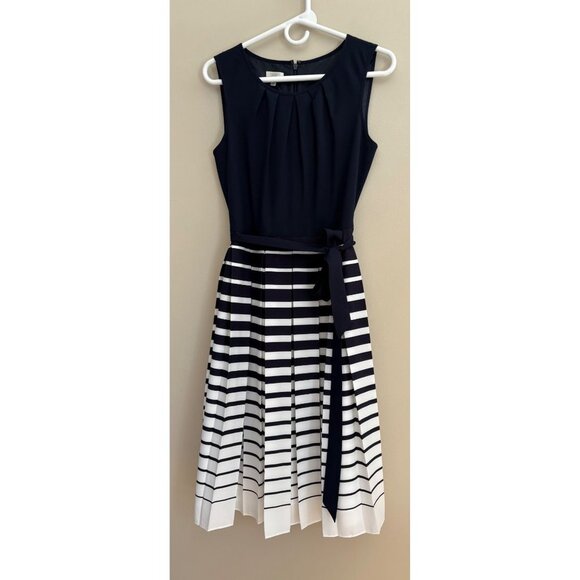 Talbots NWT Navy + White Striped Sleeveless Dress with Pleated Skirt Size 4 - Picture 4 of 13